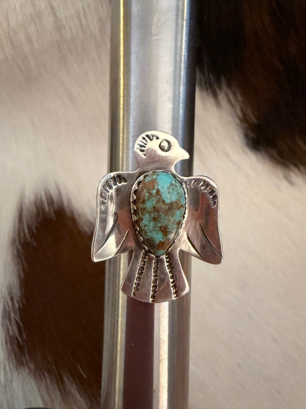 ❤️ Kingman Turquoise Hand Stamped 925 Thunderbird Decorative Band Ring SZ 5.75 - Picture 6 of 15